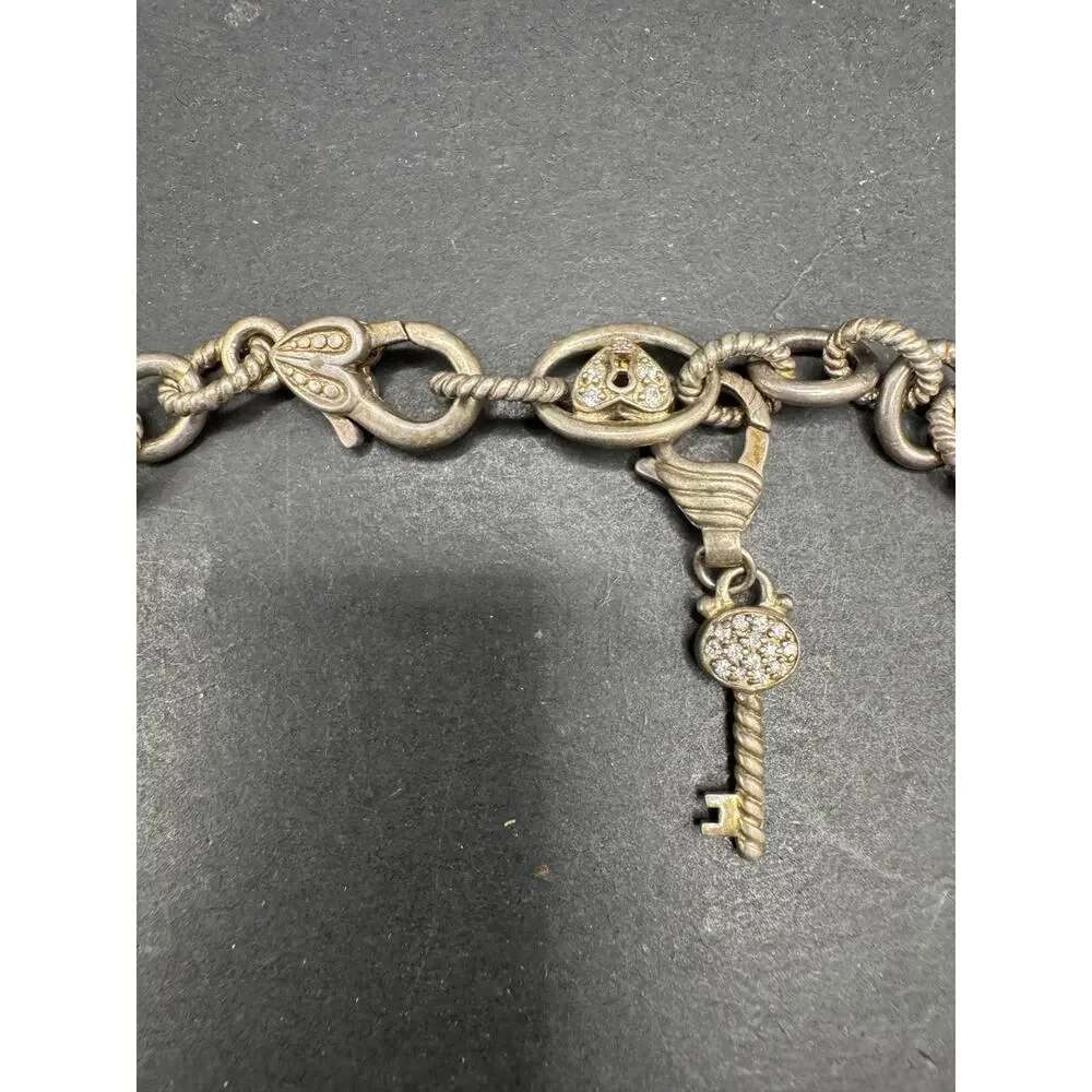 Sterling Silver 925 Judith Ripka Heart Padlock CZ Rolo Chain Link Necklace 17.8